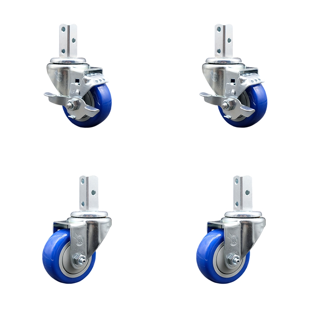 Swivel Square Stem Caster Set 4 w/3.5” x 1.25” Blue Poly Wheel - 3/4” x 2” Square Stem with (3) 17/64” Diameter Mounting Holes - Includes 2 Top Lock Brakes-1200lbs. Cpty/Caster - Service Caster Brand — photo 1