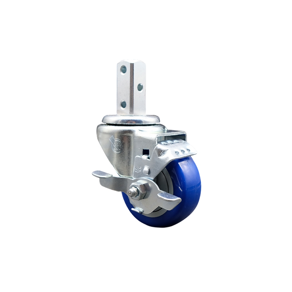 Swivel Square Stem Caster w/3.5” x 1.25” Blue Polyurethane Wheel – 3/4” x 2” Square Stem with (3) 17/64” Diameter Mounting Holes & Top Lock Brakes – 300 lbs. Capacity/Caster – Service Caster Brand — photo 1