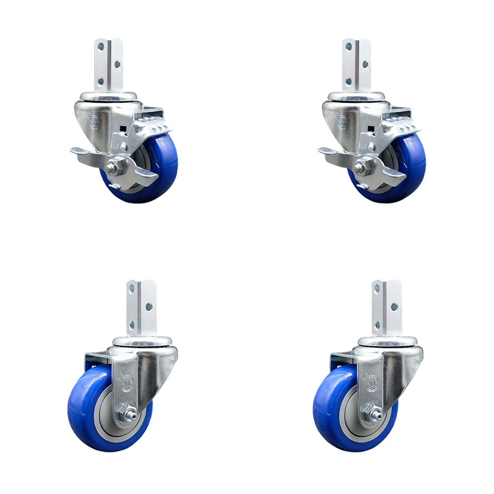 Swivel Square Stem Caster Set 4 w/3.5” x 1.25” Blue Poly Wheel - 7/8” x 2” Square Stem with (3) 17/64” Diameter Mounting Holes - Includes 2 Top Lock Brakes-1200lbs. Cpty/Caster - Service Caster Brand — photo 1