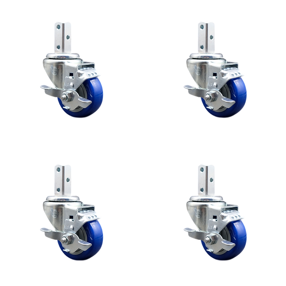 Swivel Square Stem Caster Set 4 w/3.5” x 1.25” Blue Poly Wheel - 7/8” x 2” Square Stem with (3) 17/64” Diameter Mounting Holes - Includes 4 Top Lock Brakes-1200lbs. Cpty/Caster - Service Caster Brand — photo 1