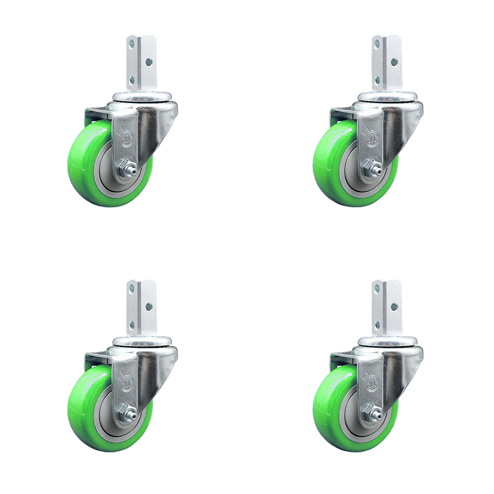 Swivel Square Stem Caster Set 4 w/3.5” x 1.25” Green Polyurethane Wheel - 7/8” x 2” Square Stem with (3) 17/64” Diameter Mounting Holes - Includes 4 Swivel-1200 lbs. Cpty/Caster - Service Caster Brand — photo 1