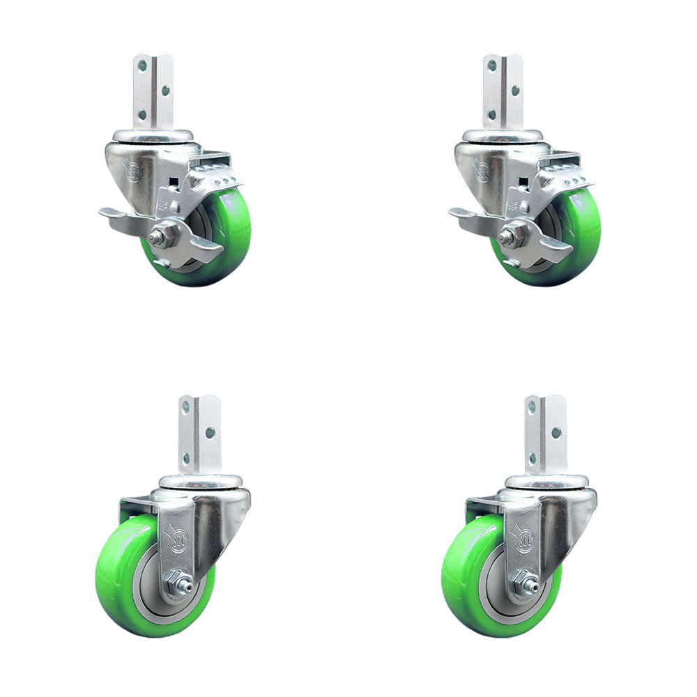 Swivel Square Stem Caster Set 4 w/3.5” x 1.25” Green Poly Wheel - 3/4” x 2” Square Stem with (3) 17/64” Diameter Mounting Holes - Includes 2 Top Lock Brakes-1200lbs. Cpty/Caster - Service Caster Brand — photo 1