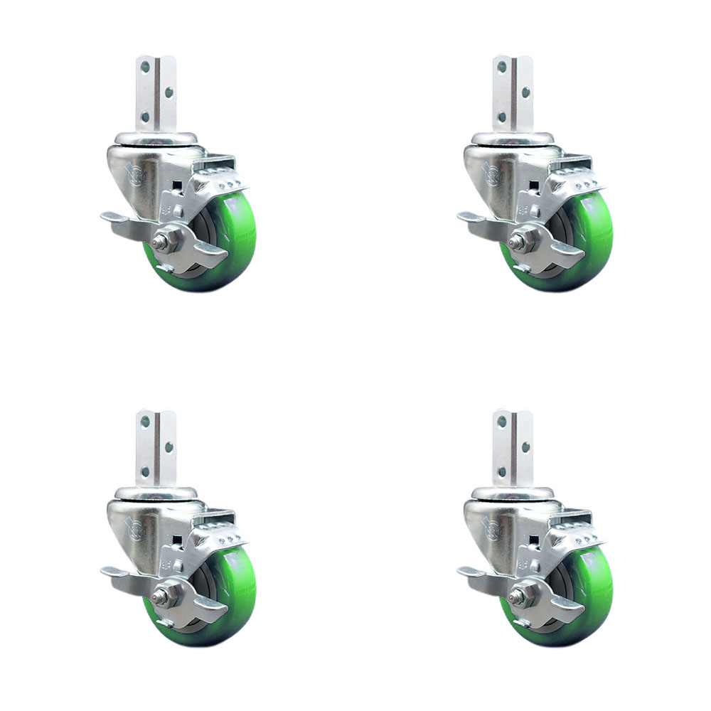 Swivel Square Stem Caster Set 4 w/3.5” x 1.25” Green Poly Wheel - 3/4” x 2” Square Stem with (3) 17/64” Diameter Mounting Holes - Includes 4 Top Lock Brakes-1200lbs. Cpty/Caster - Service Caster Brand — photo 1