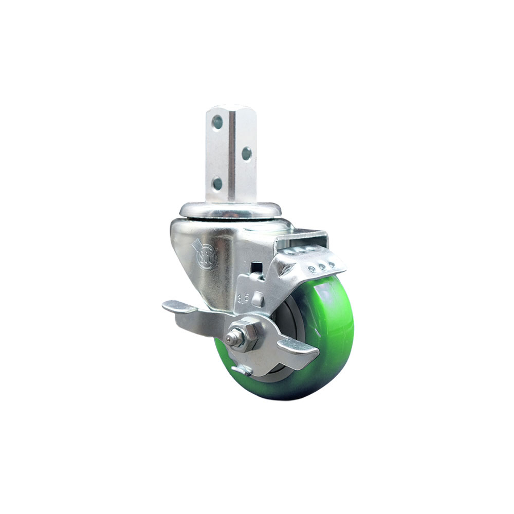 Swivel Square Stem Caster w/3.5” x 1.25” Green Polyurethane Wheel – 3/4” x 2” Square Stem with (3) 17/64” Diameter Mounting Holes & Top Lock Brakes – 300 lbs. Capacity/Caster – Service Caster Brand — photo 1