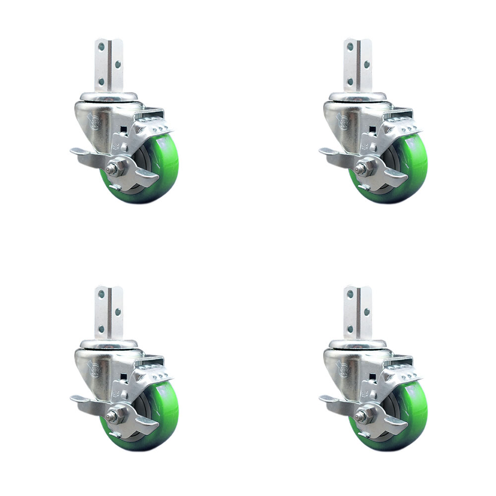 Swivel Square Stem Caster Set 4 w/3.5” x 1.25” Green Poly Wheel - 7/8” x 2” Square Stem with (3) 17/64” Diameter Mounting Holes - Includes 4 Top Lock Brakes-1200lbs. Cpty/Caster - Service Caster Brand — photo 1