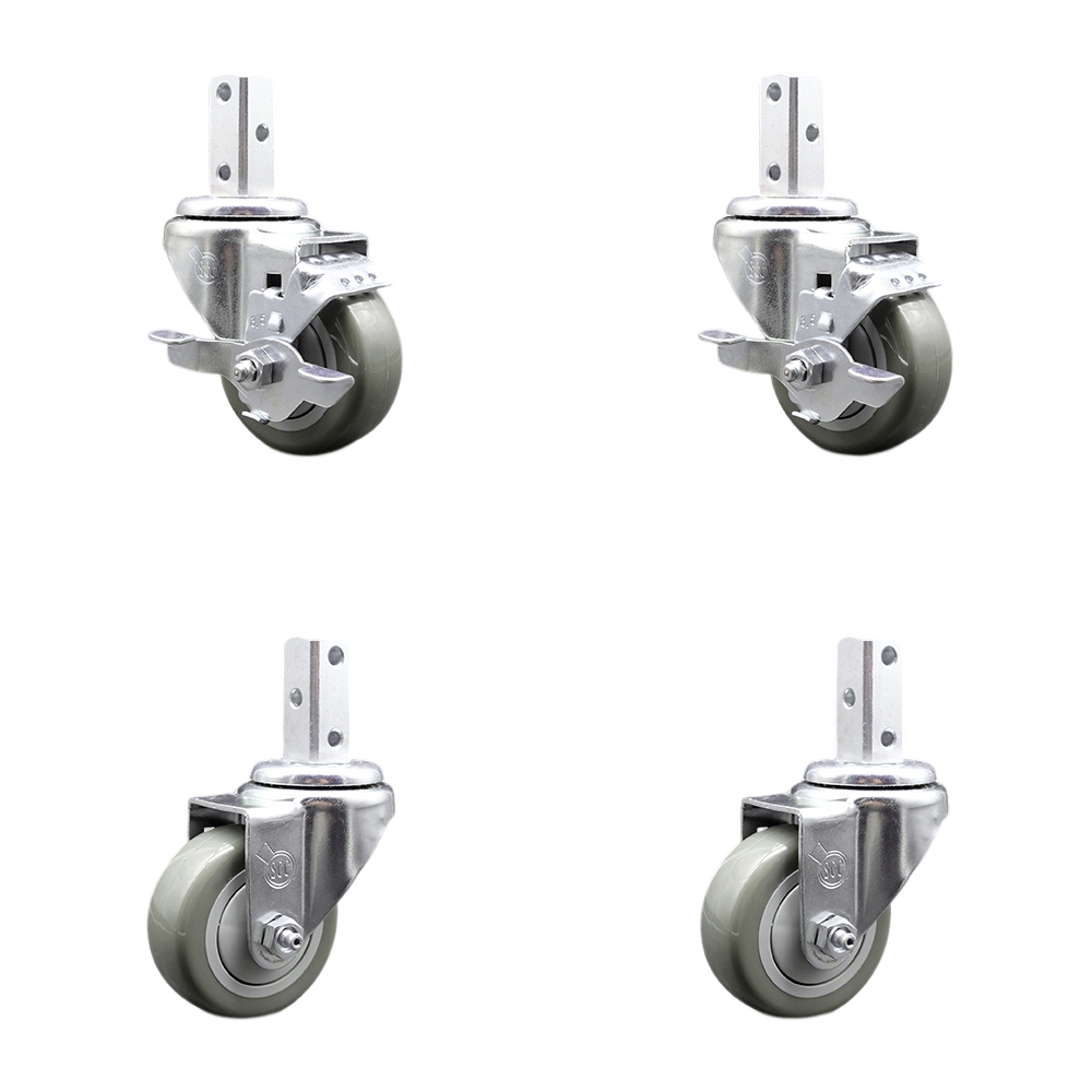 Swivel Square Stem Caster Set 4 w/3.5” x 1.25” Gray Poly Wheel - 7/8” x 2” Square Stem with (3) 17/64” Diameter Mounting Holes - Includes 2 Top Lock Brakes-1200lbs. Cpty/Caster - Service Caster Brand — photo 1