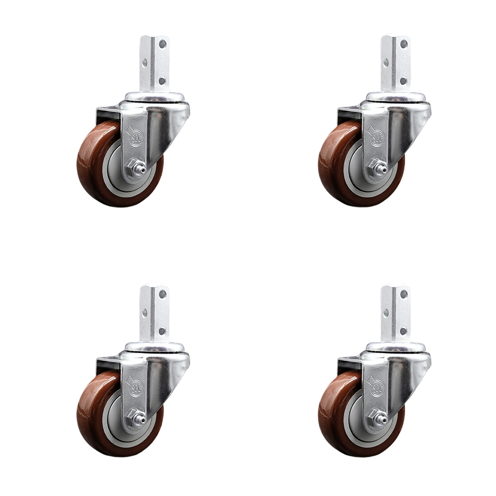 Swivel Square Stem Caster Set 4 w/3.5” x 1.25” Maroon Polyurethane Wheel - 7/8” x 2” Square Stem with (3) 17/64” Diameter Mounting Holes- Includes 4 Swivel-1200 lbs. Cpty/Caster - Service Caster Brand — photo 1