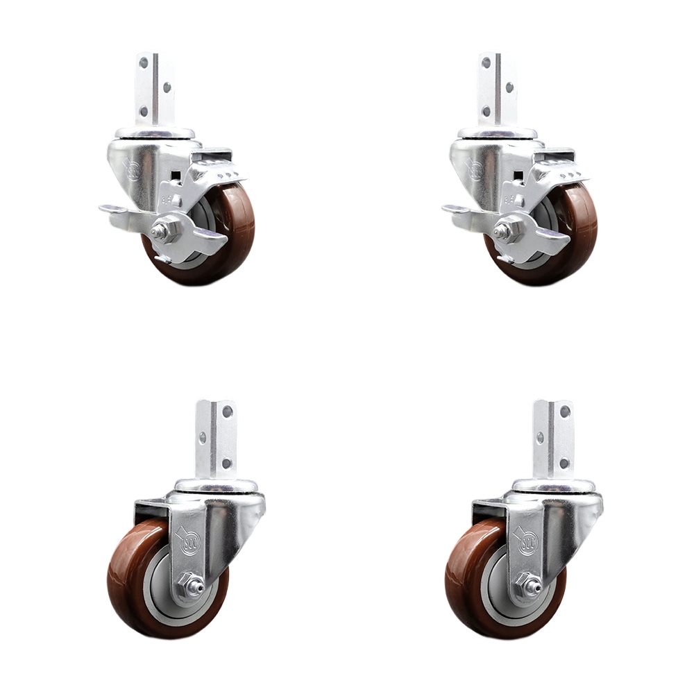 Swivel Square Stem Caster Set 4 w/3.5” x 1.25” Maroon Poly Wheel - 3/4” x 2” Square Stem with (3) 17/64” Diameter Mounting Holes- Includes 2 Top Lock Brakes-1200lbs. Cpty/Caster - Service Caster Brand — photo 1