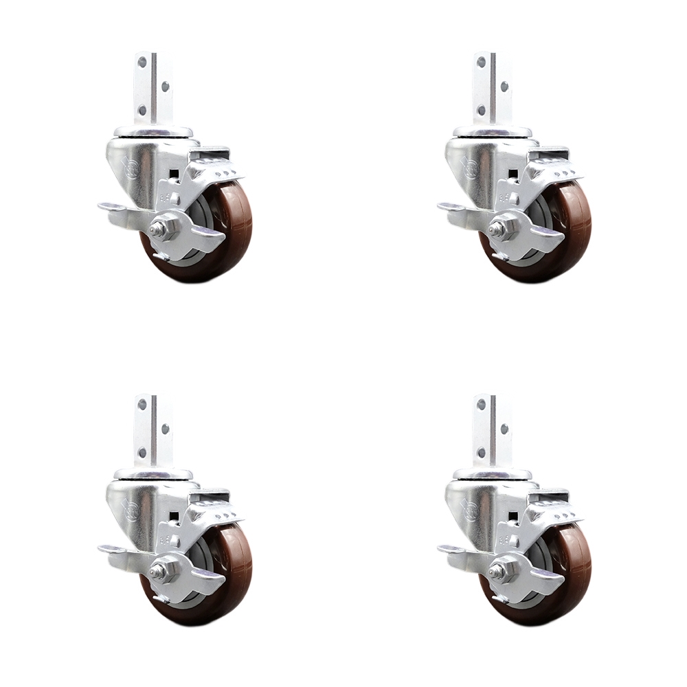 Swivel Square Stem Caster Set 4 w/3.5” x 1.25” Maroon Poly Wheel - 3/4” x 2” Square Stem with (3) 17/64” Diameter Mounting Holes- Includes 4 Top Lock Brakes-1200lbs. Cpty/Caster - Service Caster Brand — photo 1