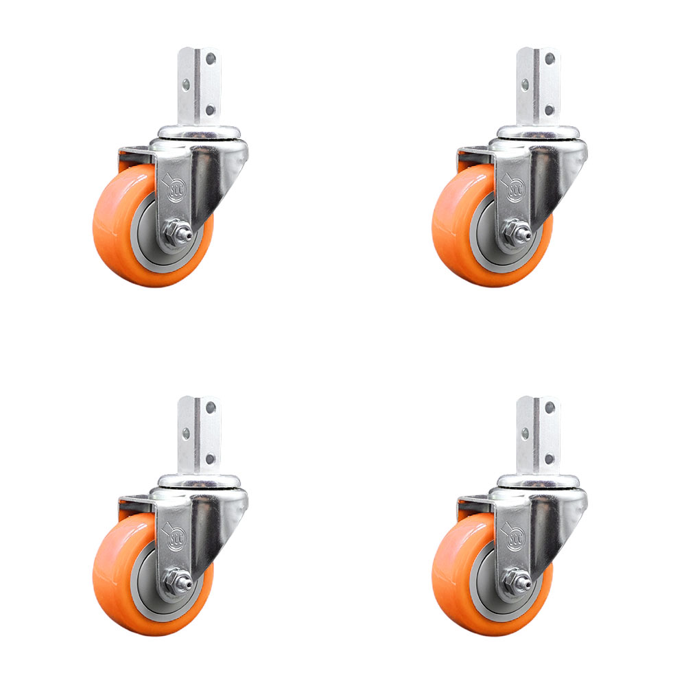 Swivel Square Stem Caster Set 4 w/3.5” x 1.25” Orange Polyurethane Wheel - 3/4” x 2” Square Stem with (3) 17/64” Diameter Mounting Holes - Includes 4 Swivel-1200 lbs. Cpty/Caster- Service Caster Brand — photo 1