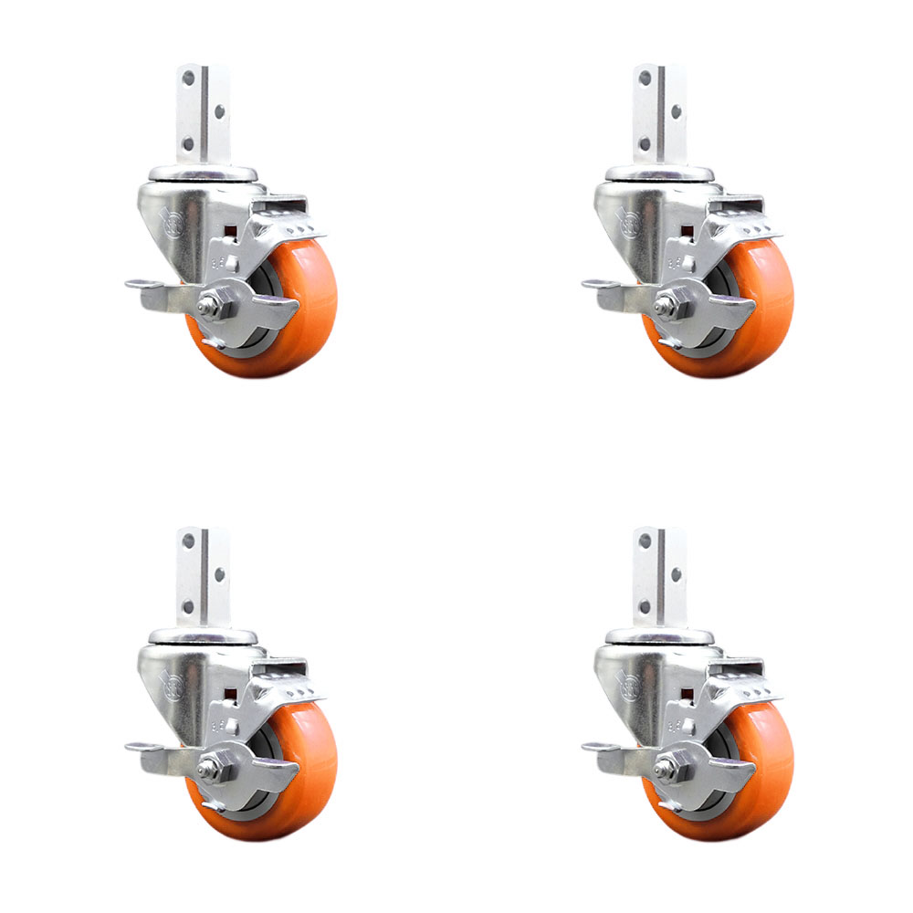 Swivel Square Stem Caster Set 4 w/3.5” x 1.25” Orange Poly Wheel - 3/4” x 2” Square Stem with (3) 17/64” Diameter Mounting Holes - Includes 4 Top Lock Brakes-1200lbs. Cpty/Caster- Service Caster Brand — photo 1