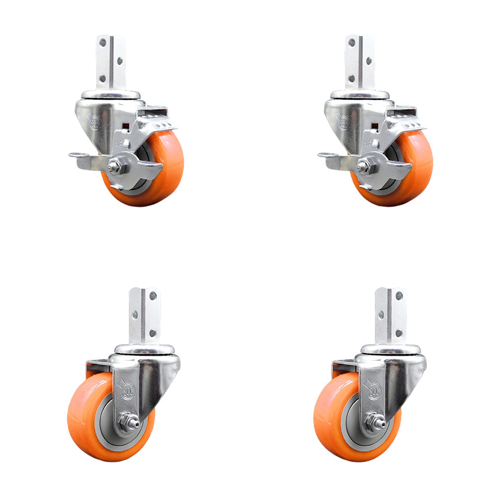 Swivel Square Stem Caster Set 4 w/3.5” x 1.25” Orange Poly Wheel - 7/8” x 2” Square Stem with (3) 17/64” Diameter Mounting Holes - Includes 2 Top Lock Brakes-1200lbs. Cpty/Caster- Service Caster Brand — photo 1