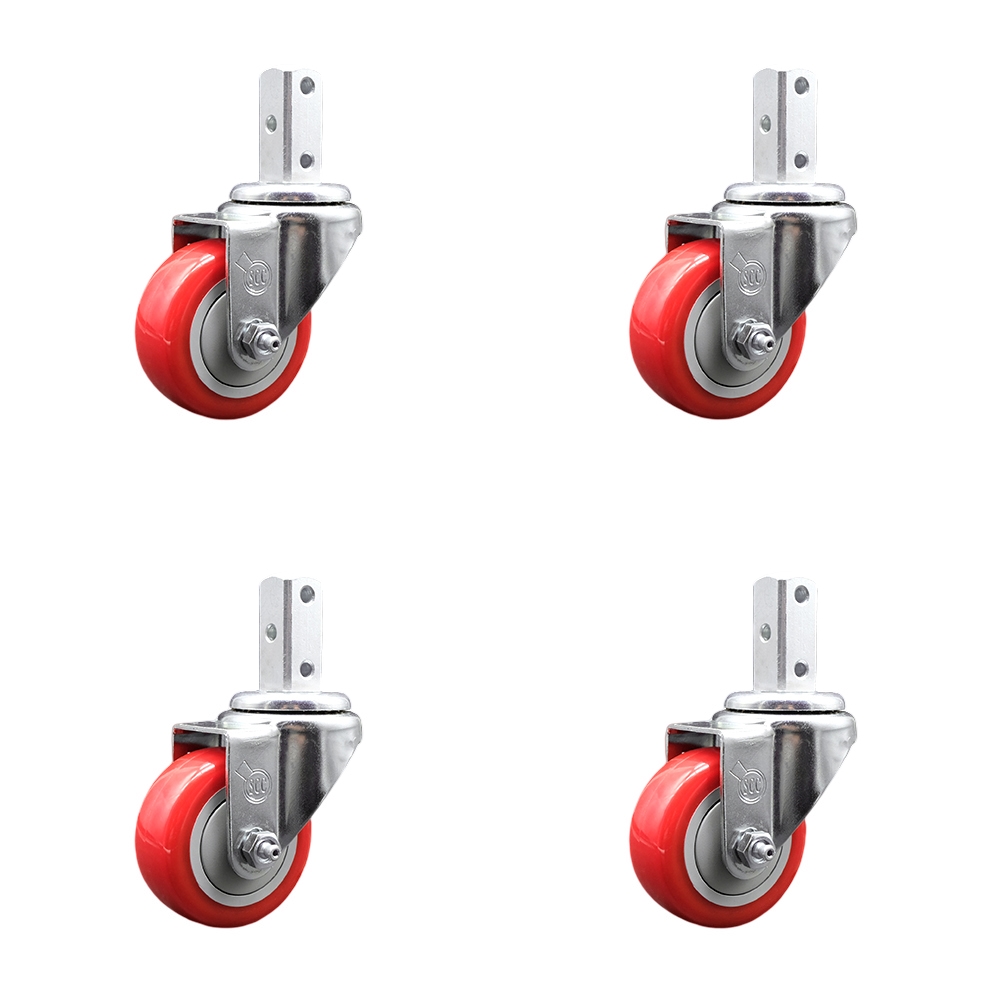 Swivel Square Stem Caster Set 4 w/3.5” x 1.25” Red Polyurethane Wheel - 3/4” x 2” Square Stem with (3) 17/64” Diameter Mounting Holes - Includes 4 Swivel-1200 lbs. Cpty/Caster - Service Caster Brand — photo 1