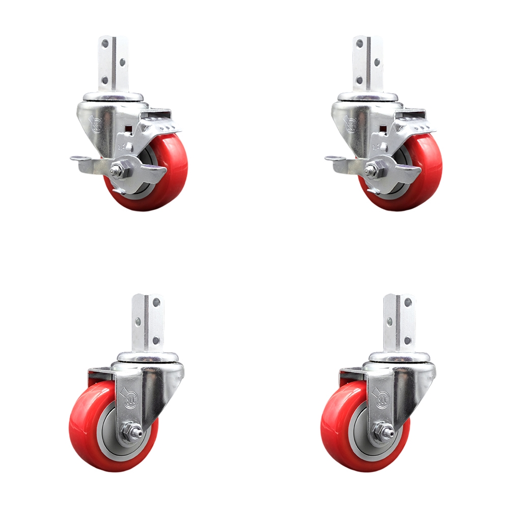 Swivel Square Stem Caster Set 4 w/3.5” x 1.25” Red Poly Wheel - 3/4” x 2” Square Stem with (3) 17/64” Diameter Mounting Holes - Includes 2 Top Lock Brakes-1200lbs. Cpty/Caster - Service Caster Brand — photo 1