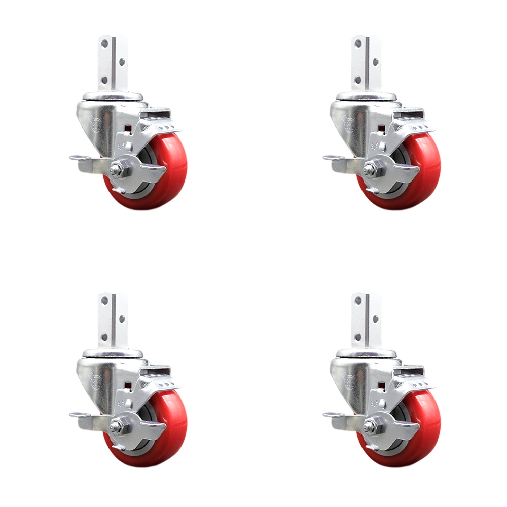 Swivel Square Stem Caster Set 4 w/3.5” x 1.25” Red Poly Wheel - 7/8” x 2” Square Stem with (3) 17/64” Diameter Mounting Holes - Includes 4 Top Lock Brakes-1200lbs. Cpty/Caster - Service Caster Brand — photo 1