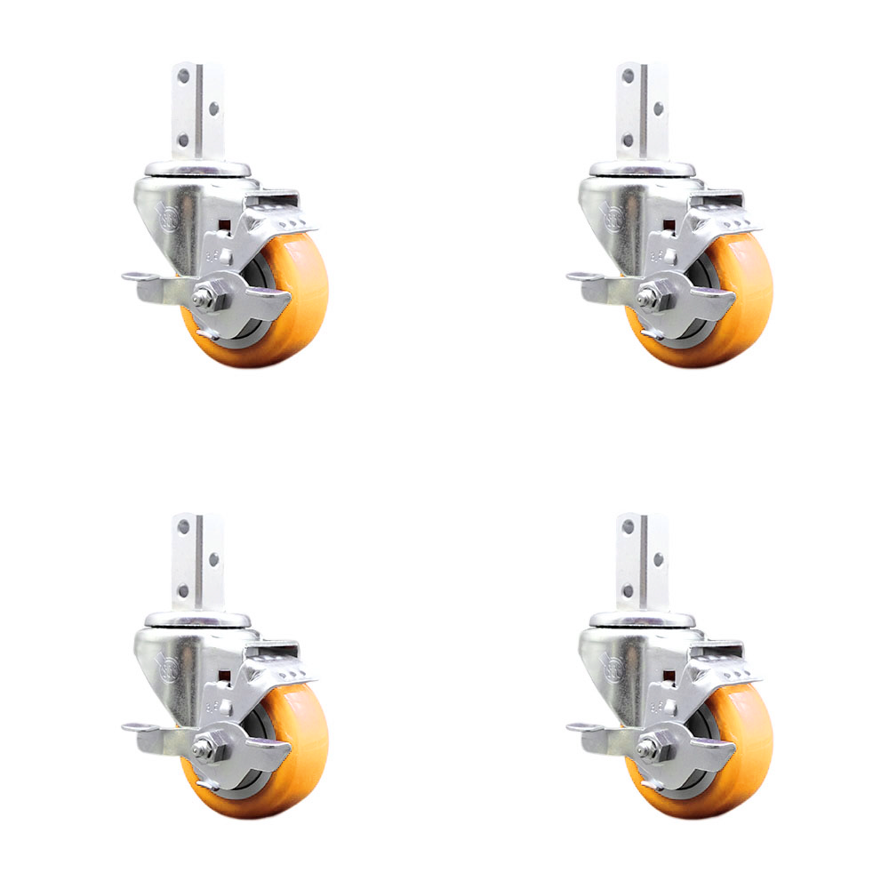 Swivel Square Stem Caster Set 4 w/3.5” x 1.25” Yellow Poly Wheel - 3/4” x 2” Square Stem with (3) 17/64” Diameter Mounting Holes- Includes 4 Top Lock Brakes-1200lbs. Cpty/Caster - Service Caster Brand — photo 1