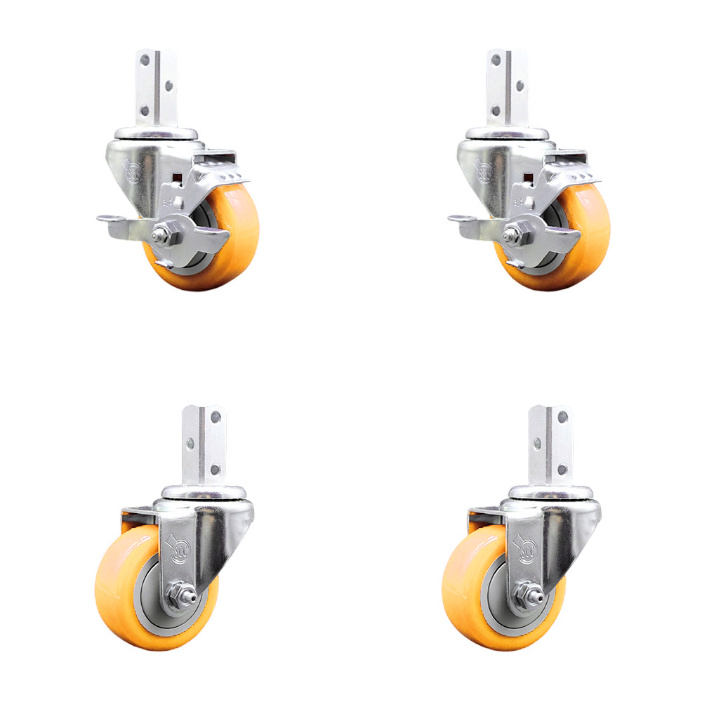 Swivel Square Stem Caster Set 4 w/3.5” x 1.25” Yellow Poly Wheel - 7/8” x 2” Square Stem with (3) 17/64” Diameter Mounting Holes- Includes 2 Top Lock Brakes-1200lbs. Cpty/Caster - Service Caster Brand — photo 1