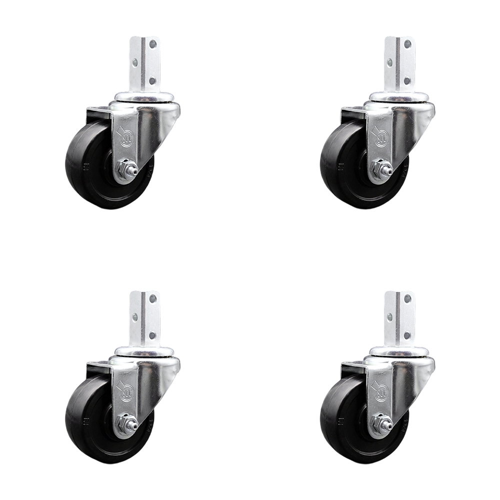 Swivel Square Stem Caster Set 4 w/3.5” x 1.25” Black Soft Rubber Wheel - 3/4” x 2” Square Stem with (3) 17/64” Diameter Mounting Holes - Includes 4 Swivel - 800 lbs. Cpty/Caster - Service Caster Brand — photo 1