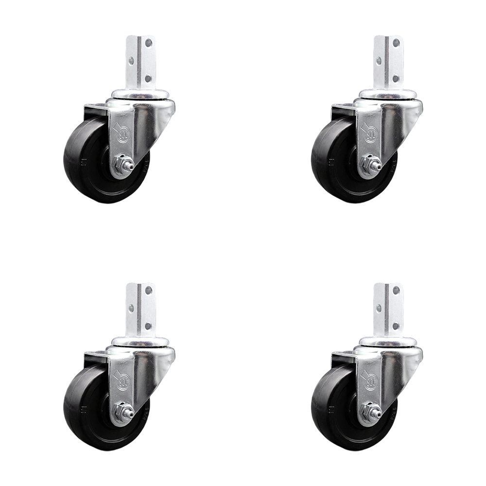 Swivel Square Stem Caster Set 4 w/3.5” x 1.25” Black Soft Rubber Wheel - 7/8” x 2” Square Stem with (3) 17/64” Diameter Mounting Holes - Includes 4 Swivel - 800 lbs. Cpty/Caster - Service Caster Brand — photo 1