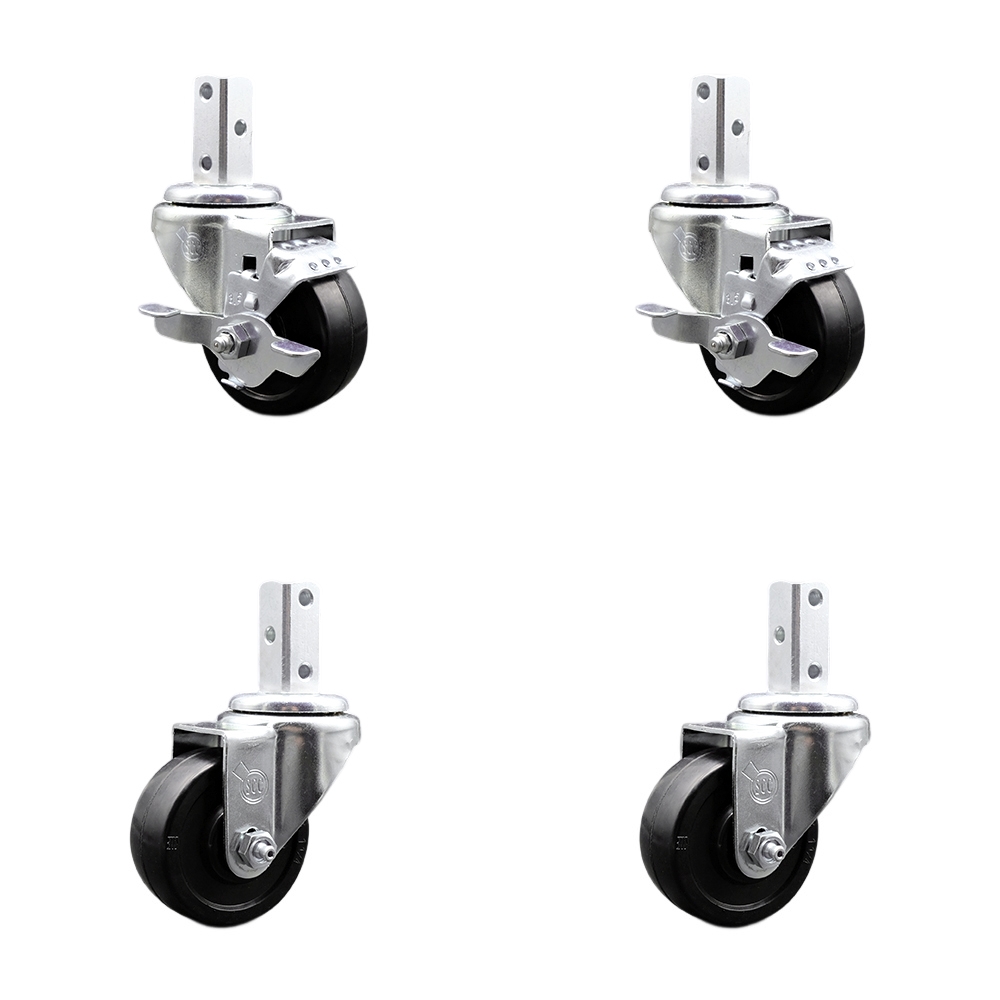 Swivel Square Stem Caster Set 4 w/3.5” x 1.25” Black Soft Rubber Wheel-3/4” x 2” Square Stem with (3) 17/64” Diameter Mounting Holes-Includes 2 Top Lock Brakes-800lbs. Cpty/Caster-Service Caster Brand — photo 1