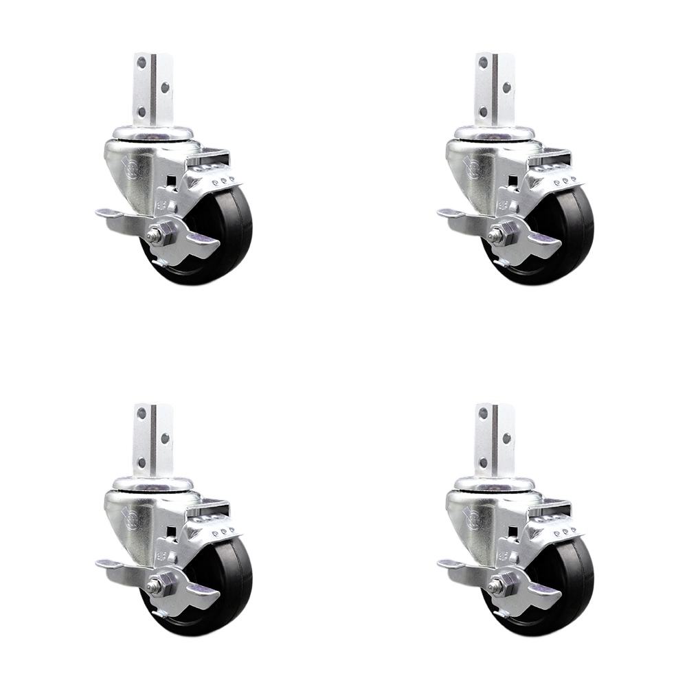 Swivel Square Stem Caster Set 4 w/3.5” x 1.25” Black Soft Rubber Wheel-7/8” x 2” Square Stem with (3) 17/64” Diameter Mounting Holes-Includes 4 Top Lock Brakes-800lbs. Cpty/Caster-Service Caster Brand — photo 1