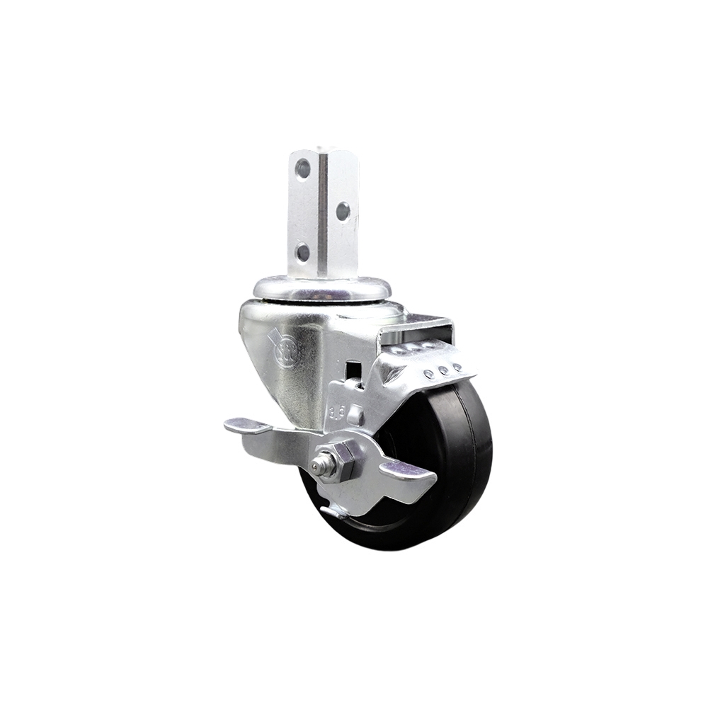 Swivel Square Stem Caster w/3.5” x 1.25” Black Soft Rubber Wheel – 7/8” x 2” Square Stem with (3) 17/64” Diameter Mounting Holes & Top Lock Brakes – 200 lbs. Capacity/Caster – Service Caster Brand — photo 1