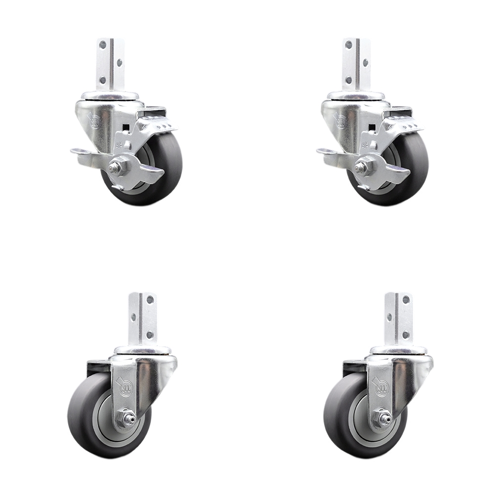 Swivel Square Stem Caster Set 4 w/3.5” x 1.25” Gray Thermoplastic Rubber Wheel - 3/4” x 2” Square Stem with (3) 17/64” Diameter Mounting Holes - Includes 2 Top Lock Brakes - Service Caster Brand — photo 1