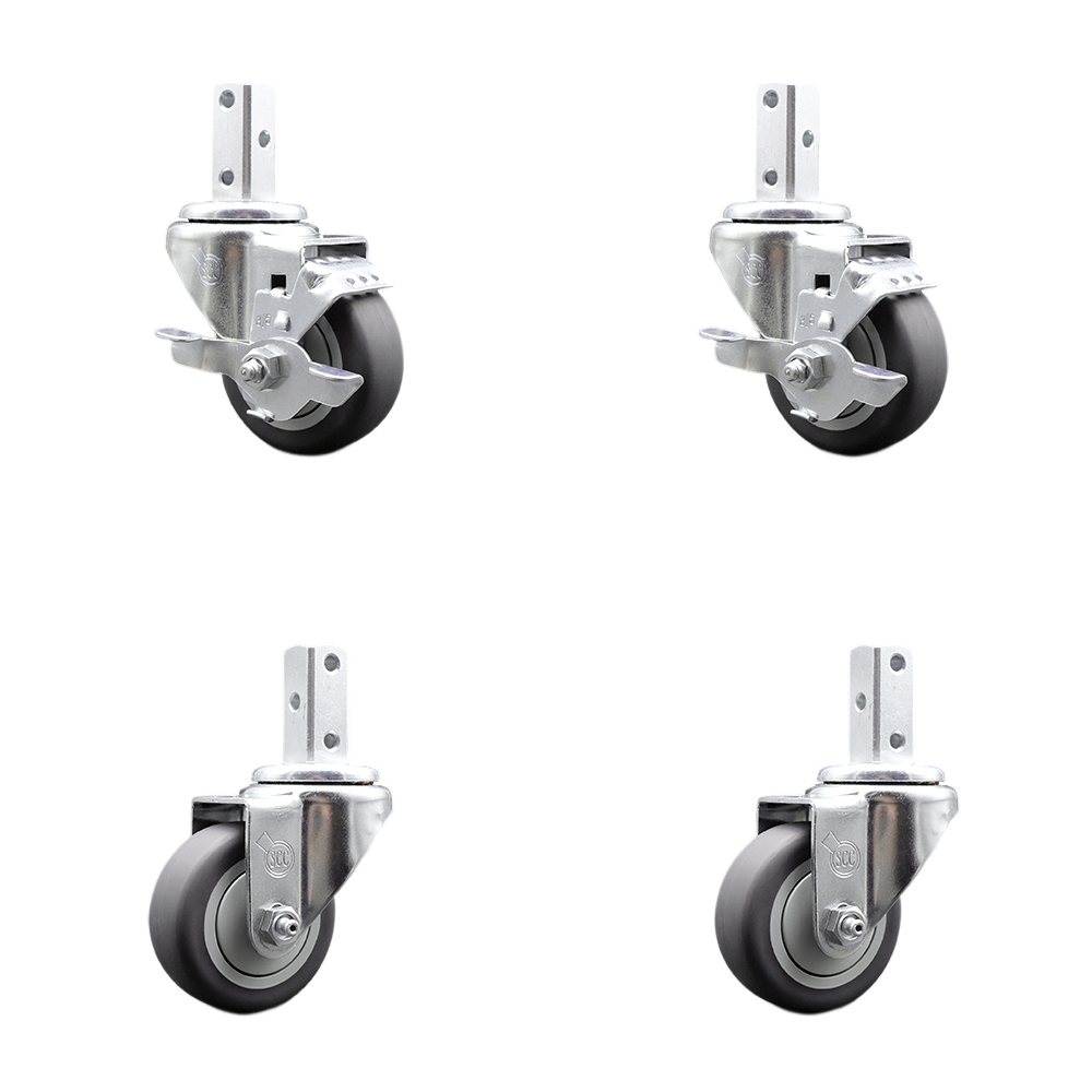 Swivel Square Stem Caster Set 4 w/3.5” x 1.25” Gray Thermoplastic Rubber Wheel - 7/8” x 2” Square Stem with (3) 17/64” Diameter Mounting Holes - Includes 2 Top Lock Brakes - Service Caster Brand — photo 1