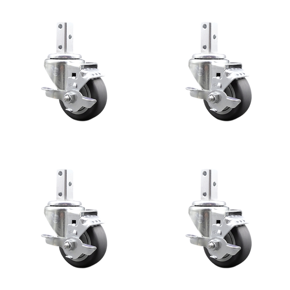 Swivel Square Stem Caster Set 4 w/3.5” x 1.25” Gray Thermoplastic Rubber Wheel - 7/8” x 2” Square Stem with (3) 17/64” Diameter Mounting Holes - Includes 4 Top Lock Brakes - Service Caster Brand — photo 1