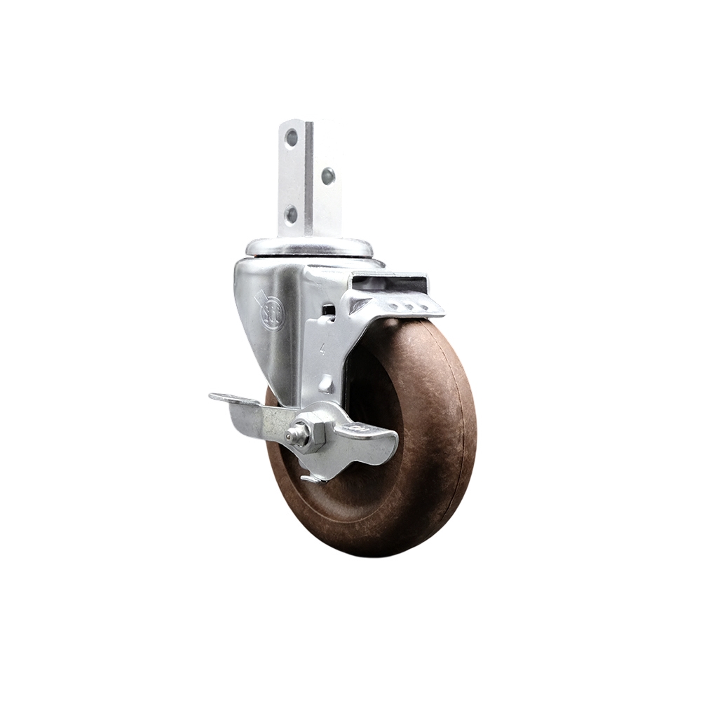 Swivel Square Stem Caster w/4” x 1.25” Brown Glass Filled Nylon Wheel – 3/4” x 2” Square Stem with (3) 17/64” Diameter Mounting Holes & Top Lock Brakes– 350 lbs. Capacity/Caster – Service Caster Brand — photo 1