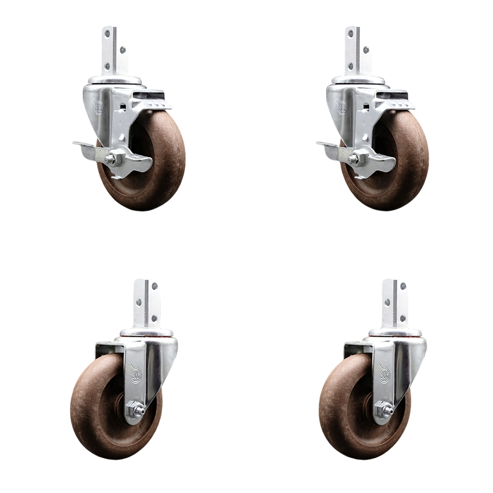 Swivel Square Stem Caster Set 4 w/4” x 1.25” Brown Glass Filled Nylon Wheel-7/8” x 2” Square Stem with (3) 17/64” Diameter Mounting Hole-Include 2 Top Lck BRK-1400lbs. Cpty/Caster-Service Caster Brand — photo 1