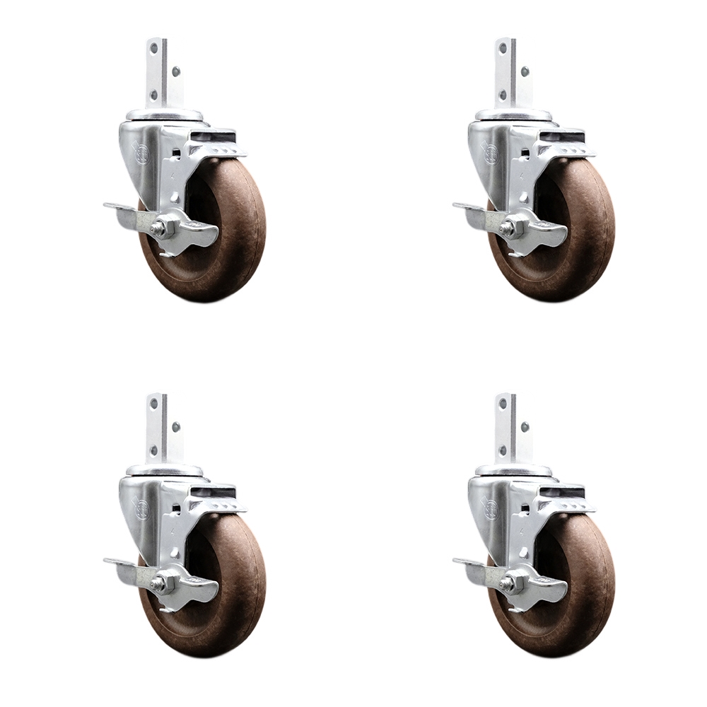 Swivel Square Stem Caster Set 4 w/4” x 1.25” Brown Glass Filled Nylon Wheel-7/8” x 2” Square Stem with (3) 17/64” Diameter Mounting Hole-Include 4 Top Lck BRK-1400lbs. Cpty/Caster-Service Caster Brand — photo 1