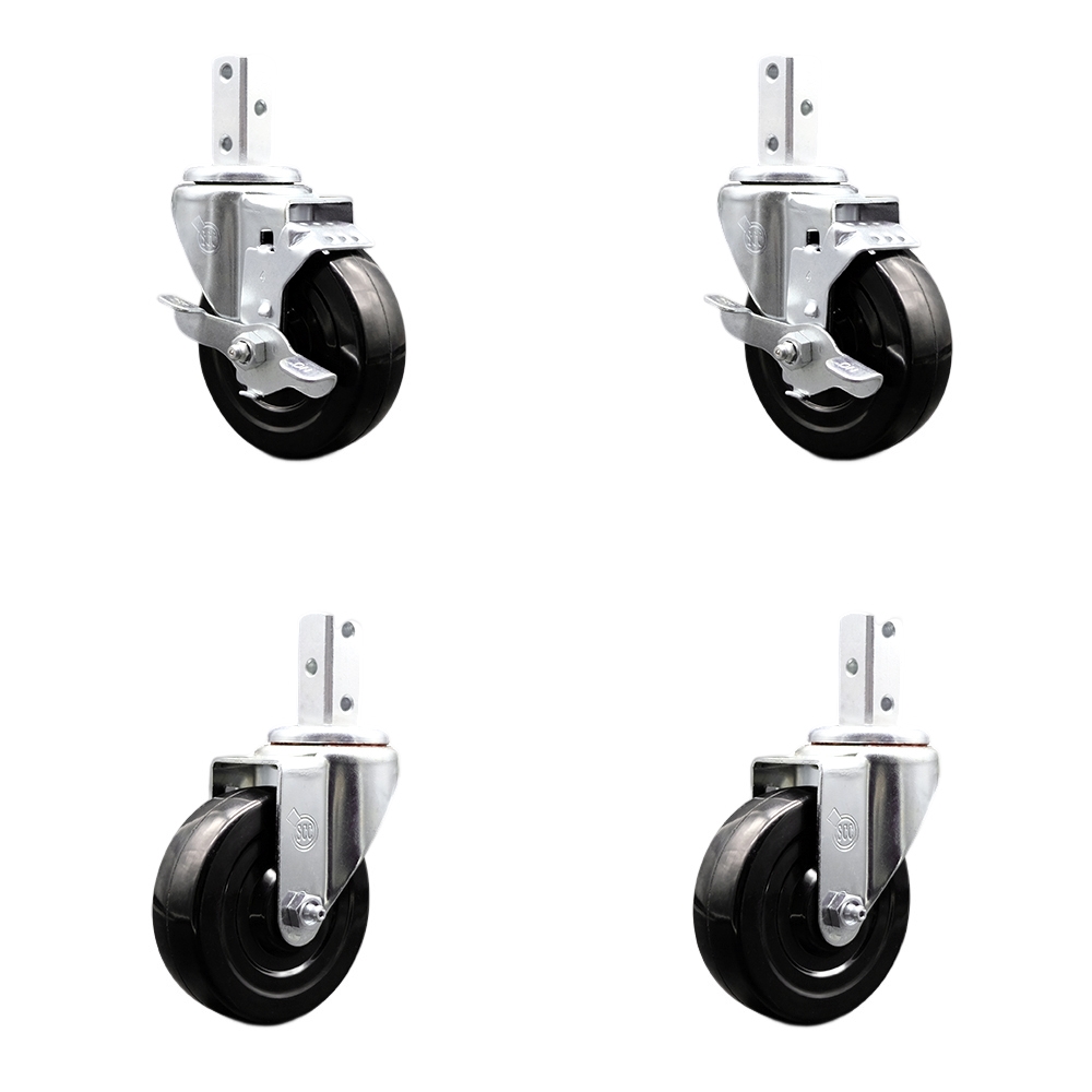 Swivel Square Stem Caster Set 4 w/4” x 1.25” Black Hard Rubber Wheel-3/4” x 2” Square Stem with (3) 17/64” Diameter Mounting Holes-Includes 2 Top Lck Brakes-1200lbs. Cpty/Caster - Service Caster Brand — photo 1