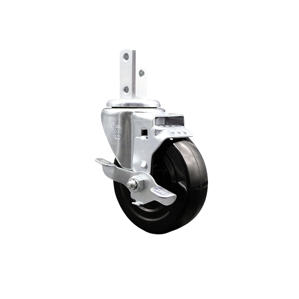Swivel Square Stem Caster w/4” x 1.25” Black Hard Rubber Wheel – 3/4” x 2” Square Stem with (3) 17/64” Diameter Mounting Holes & Top Lock Brakes – 300 lbs. Capacity/Caster – Service Caster Brand — photo 1