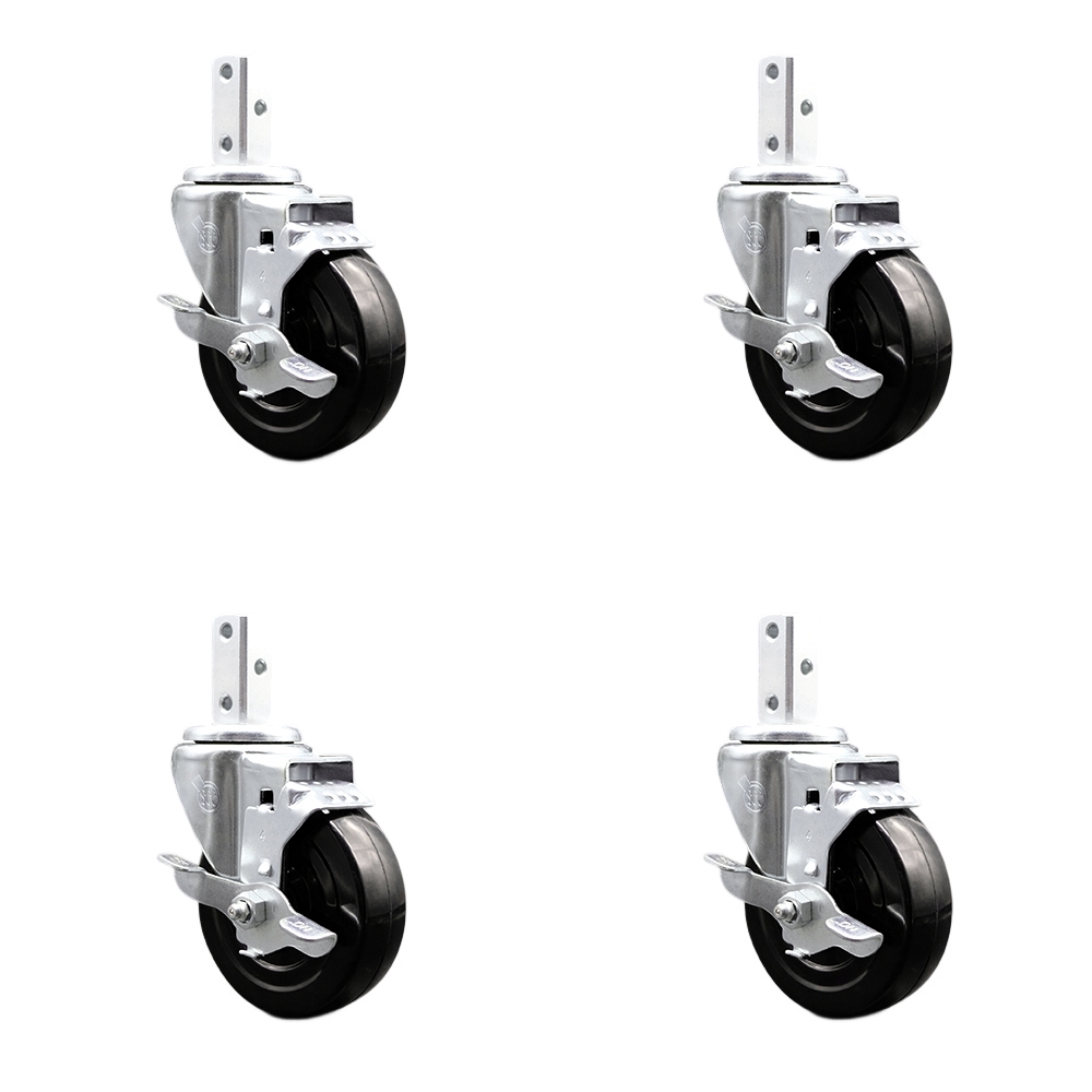 Swivel Square Stem Caster Set 4 w/4” x 1.25” Black Hard Rubber Wheel-7/8” x 2” Square Stem with (3) 17/64” Diameter Mounting Holes-Includes 4 Top Lck Brakes-1200lbs. Cpty/Caster - Service Caster Brand — photo 1