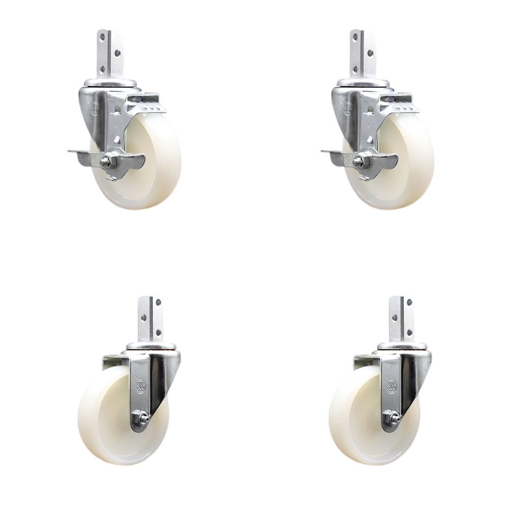 Swivel Square Stem Caster Set 4 w/4” x 1.25” White Nylon Wheel - 3/4” x 2” Square Stem with (3) 17/64” Diameter Mounting Holes- Includes 2 Top Lock Brakes - 1200lbs. Cpty/Caster - Service Caster Brand — photo 1