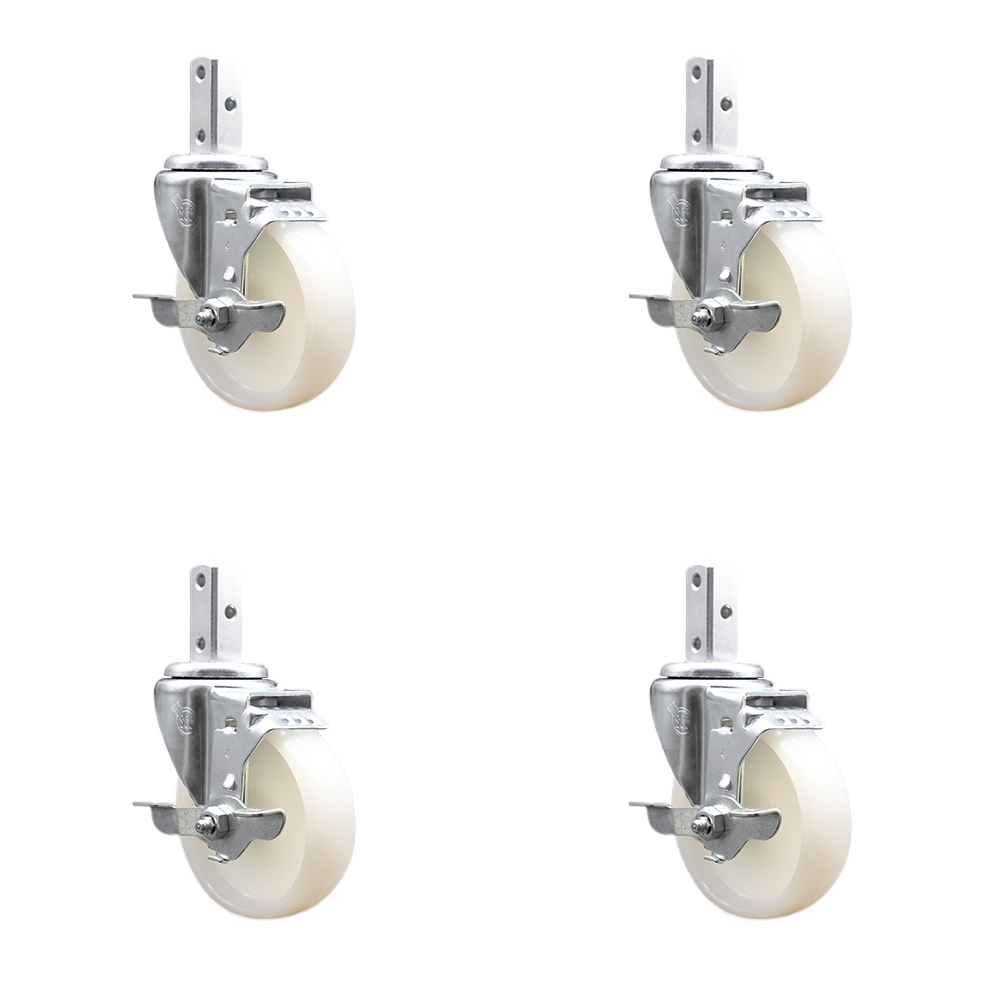 Swivel Square Stem Caster Set 4 w/4” x 1.25” White Nylon Wheel - 3/4” x 2” Square Stem with (3) 17/64” Diameter Mounting Holes- Includes 4 Top Lock Brakes - 1200lbs. Cpty/Caster - Service Caster Brand — photo 1