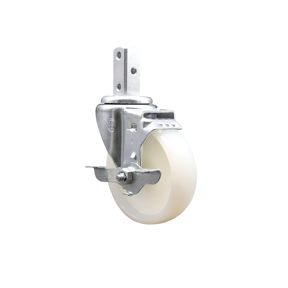Swivel Square Stem Caster w/4” x 1.25” White Nylon Wheel – 3/4” x 2” Square Stem with (3) 17/64” Diameter Mounting Holes & Top Lock Brakes – 300 lbs. Capacity/Caster – Service Caster Brand — photo 1