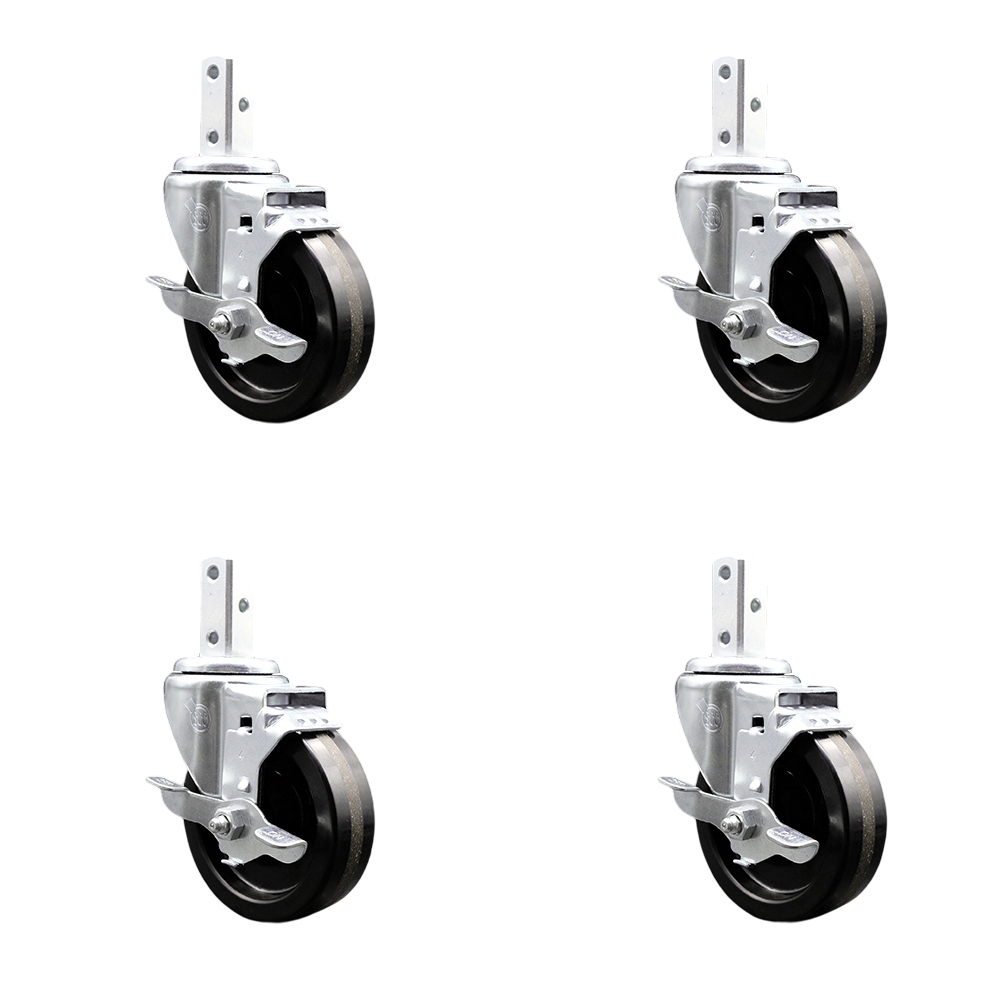Swivel Square Stem Caster Set 4 w/4” x 1.25” Black Phenolic Wheel - 3/4” x 2” Square Stem with (3) 17/64” Diameter Mounting Holes-Includes 4 Top Lock Brakes-1200lbs. Cpty/Caster - Service Caster Brand — photo 1