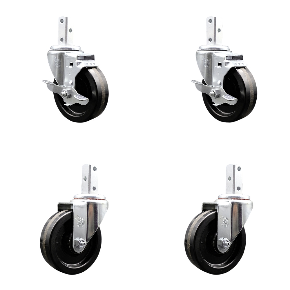 Swivel Square Stem Caster Set 4 w/4” x 1.25” Black Phenolic Wheel - 7/8” x 2” Square Stem with (3) 17/64” Diameter Mounting Holes-Includes 2 Top Lock Brakes-1200lbs. Cpty/Caster - Service Caster Brand — photo 1