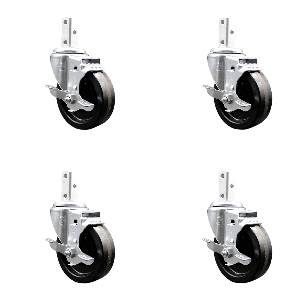 Swivel Square Stem Caster Set 4 w/4” x 1.25” Black Phenolic Wheel - 7/8” x 2” Square Stem with (3) 17/64” Diameter Mounting Holes-Includes 4 Top Lock Brakes-1200lbs. Cpty/Caster - Service Caster Brand — photo 1
