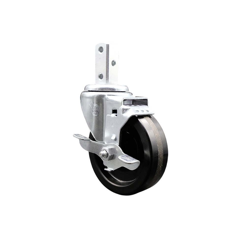 Swivel Square Stem Caster w/4” x 1.25” Black Phenolic Wheel – 7/8” x 2” Square Stem with (3) 17/64” Diameter Mounting Holes & Top Lock Brakes – 300 lbs. Capacity/Caster – Service Caster Brand — photo 1