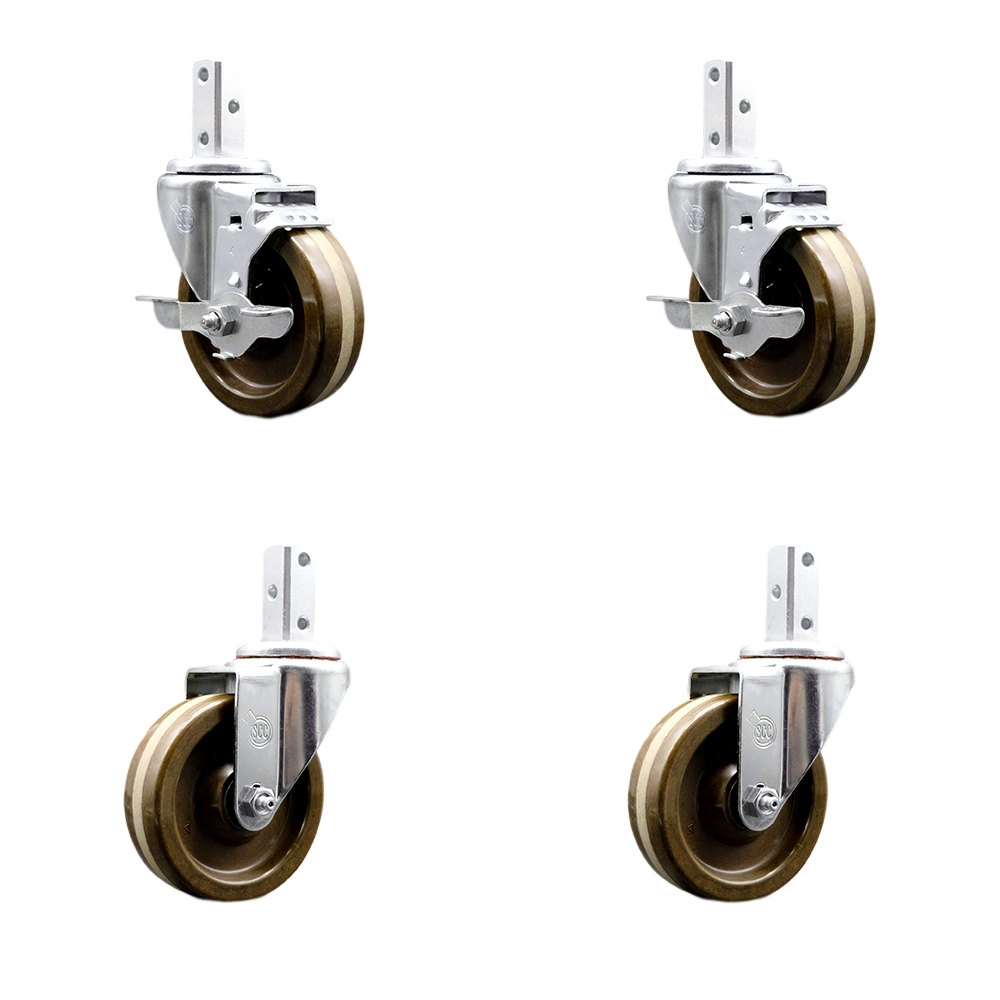 Swivel Square Stem Caster Set 4 w/4” x 1.25” Brown High Temp Phenolic Wheel - 7/8” x 2” Square Stem with (3) 17/64” Diameter Mounting Holes - Includes 2 Top Lock Brakes - Service Caster Brand — photo 1