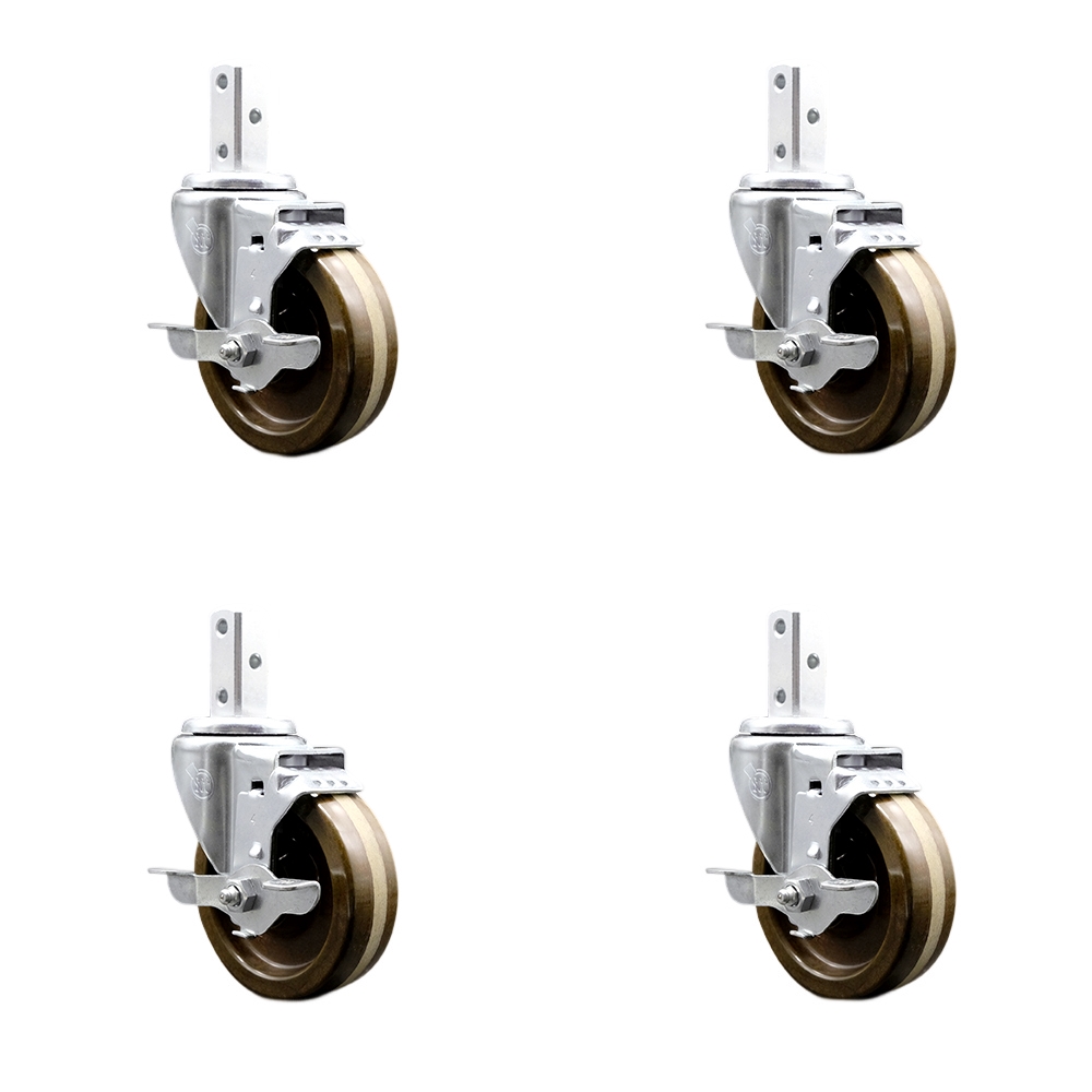 Swivel Square Stem Caster Set 4 w/4” x 1.25” Brown High Temp Phenolic Wheel - 7/8” x 2” Square Stem with (3) 17/64” Diameter Mounting Holes - Includes 4 Top Lock Brakes - Service Caster Brand — photo 1