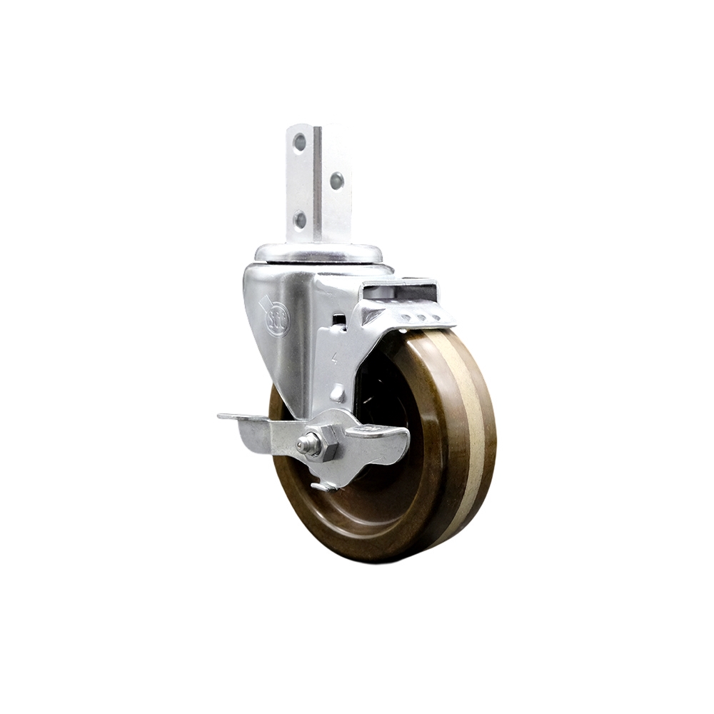Swivel Square Stem Caster w/4” x 1.25” Brown High Temp Phenolic Wheel – 7/8” x 2” Square Stem with (3) 17/64” Diameter Mounting Holes& Top Lock Brakes – 300 lbs. Capacity/Caster – Service Caster Brand — photo 1