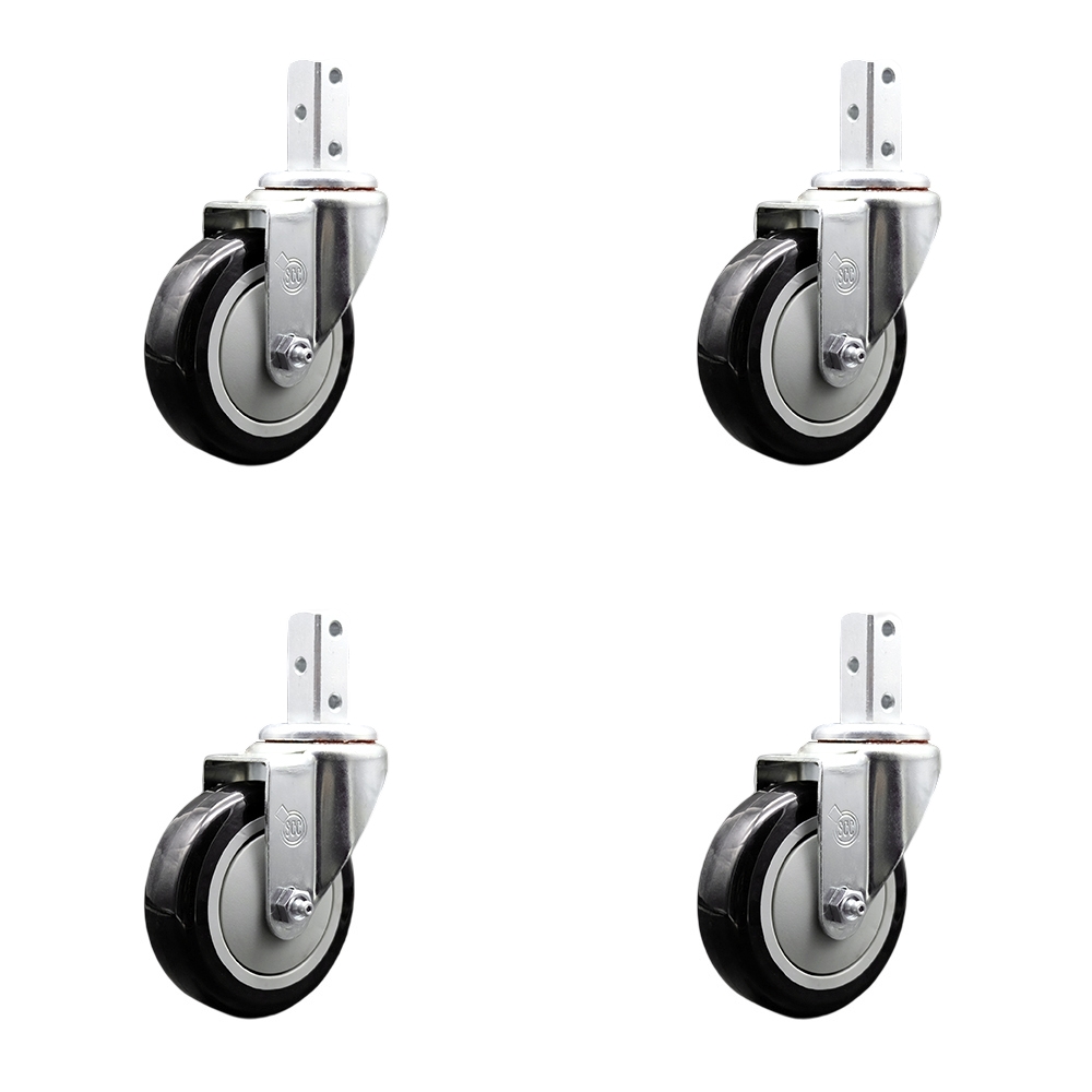 Swivel Square Stem Caster Set 4 w/4” x 1.25” Black Polyurethane Wheel - 7/8” x 2” Square Stem with (3) 17/64” Diameter Mounting Holes - Includes 4 Swivel - 1400 lbs. Cpty/Caster - Service Caster Brand — photo 1