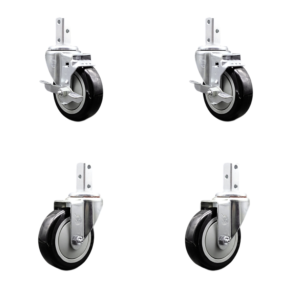 Swivel Square Stem Caster Set 4 w/4” x 1.25” Black Poly Wheel - 3/4” x 2” Square Stem with (3) 17/64” Diameter Mounting Holes - Includes 2 Top Lock Brakes - 1400lbs. Cpty/Caster - Service Caster Brand — photo 1