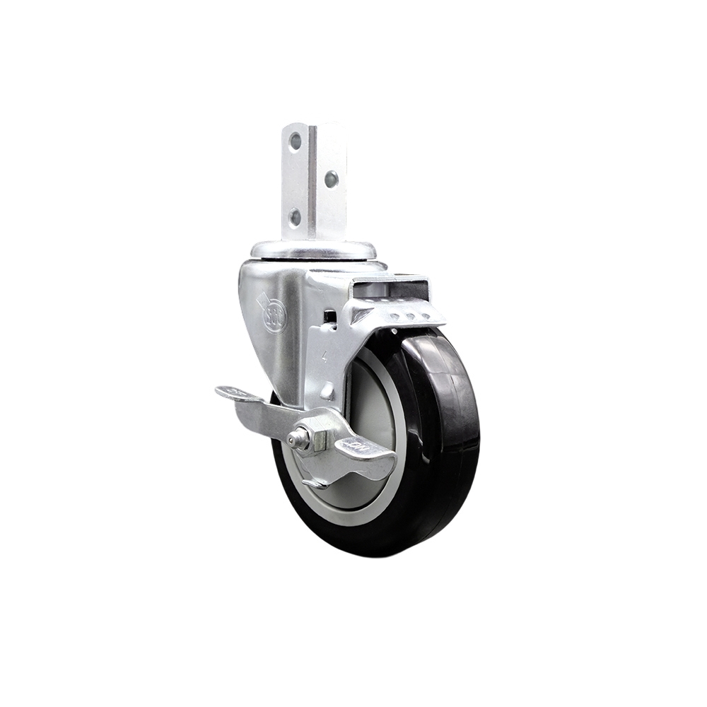 Swivel Square Stem Caster w/4” x 1.25” Black Polyurethane Wheel – 3/4” x 2” Square Stem with (3) 17/64” Diameter Mounting Holes & Top Lock Brakes – 350 lbs. Capacity/Caster – Service Caster Brand — photo 1