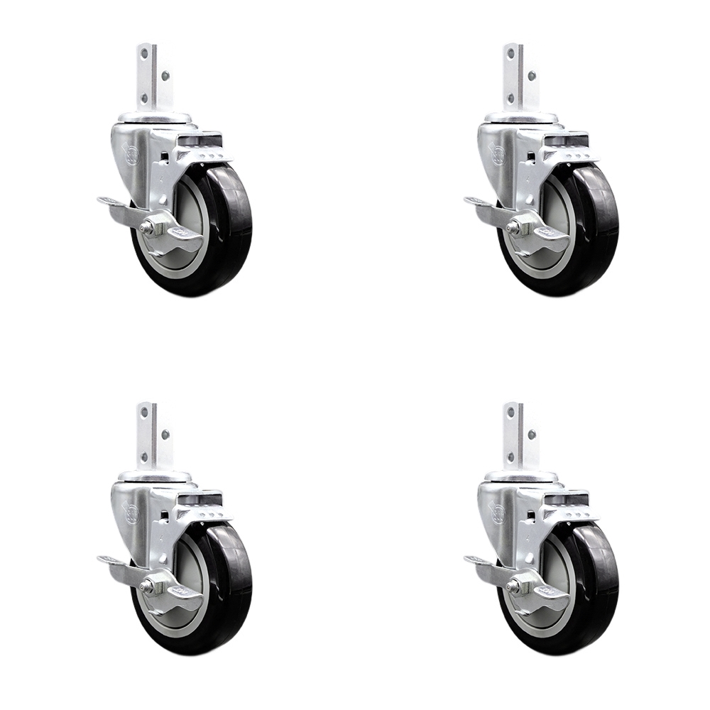 Swivel Square Stem Caster Set 4 w/4” x 1.25” Black Poly Wheel - 7/8” x 2” Square Stem with (3) 17/64” Diameter Mounting Holes - Includes 4 Top Lock Brakes - 1400lbs. Cpty/Caster - Service Caster Brand — photo 1