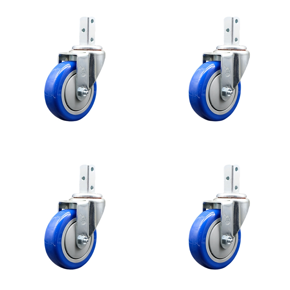 Swivel Square Stem Caster Set 4 w/4” x 1.25” Blue Polyurethane Wheel - 3/4” x 2” Square Stem with (3) 17/64” Diameter Mounting Holes - Includes 4 Swivel - 1400 lbs. Cpty/Caster - Service Caster Brand — photo 1